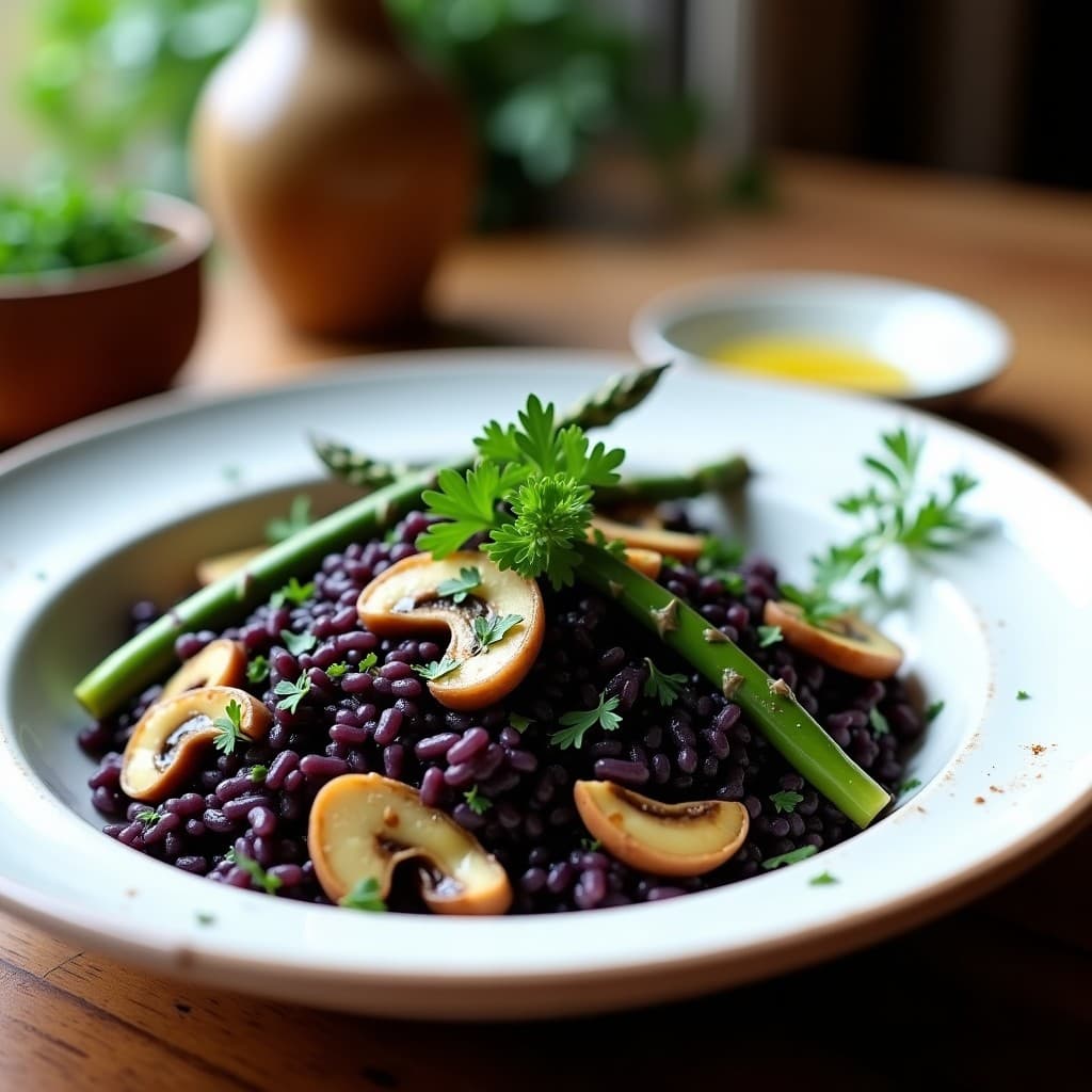 Plato hondo de cerámica blanca con arroz Venus de color oscuro, salteado con champiñones portobello dorados, espárragos verdes tiernos y hebras de azafrán. Decorado con perifollo fresco y un toque de mantequilla derretida. Receta italiana sin gluten en 20 minutos.