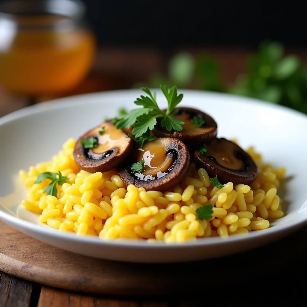 Plato blanco hondo con Arroz Venus con azafrán de color dorado intenso, mezclado con láminas gruesas de champiñones Portobello salteados. Decorado con perejil fresco picado y un hilo de aceite de oliva virgen extra. Fondo oscuro con textura rústica.