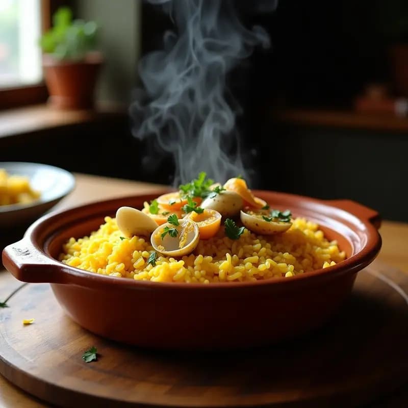 Cazuela de barro humeante con arroz a la zamburiña y almejas, de color dorado por el azafrán, decorado con perejil fresco y zamburiñas colocadas encima, plato tradicional gallego de marisco.