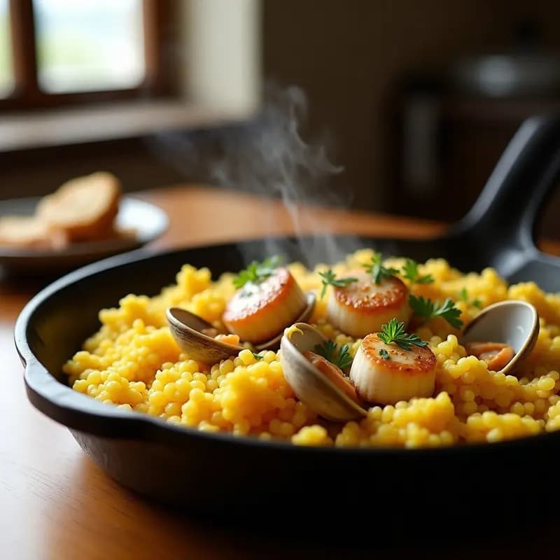 Sartén de hierro con arroz a la zamburiñas y almejas, bañado en un caldo dorado de azafrán, decorado con perejil fresco. Plato tradicional gallego con marisco y especias, servido humeante.