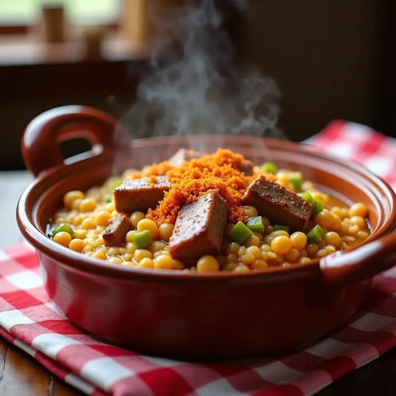 Cazuela de barro humeante con arroz a la Zamora, costillas de cerdo doradas, garbanzos y verduras sofritas, típico plato de montaña español.