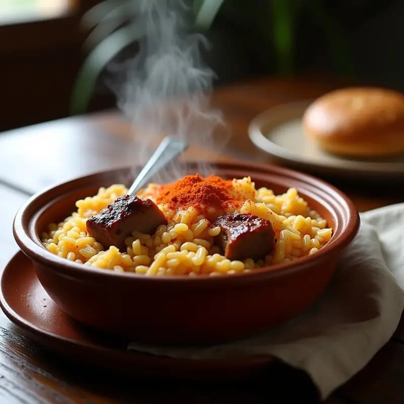 Cazuela de barro humeante con arroz a la Zamora, costillas de cerdo tiernas, caldo dorado y un toque de pimentón espolvoreado. Plato tradicional español de cuchara.