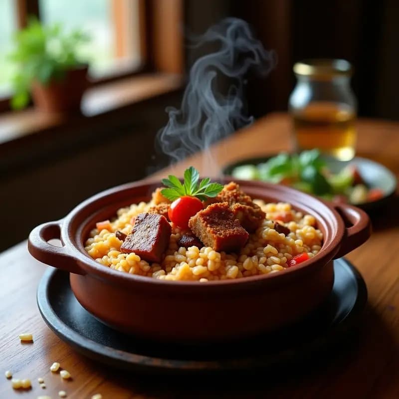 Cazuela de barro humeante con arroz a la zamorana, costilla de cerdo dorada y trozos de chicharrones crujientes, servido en un plato rústico de cerámica oscura con fondo de madera. Receta tradicional de montaña contundente.
