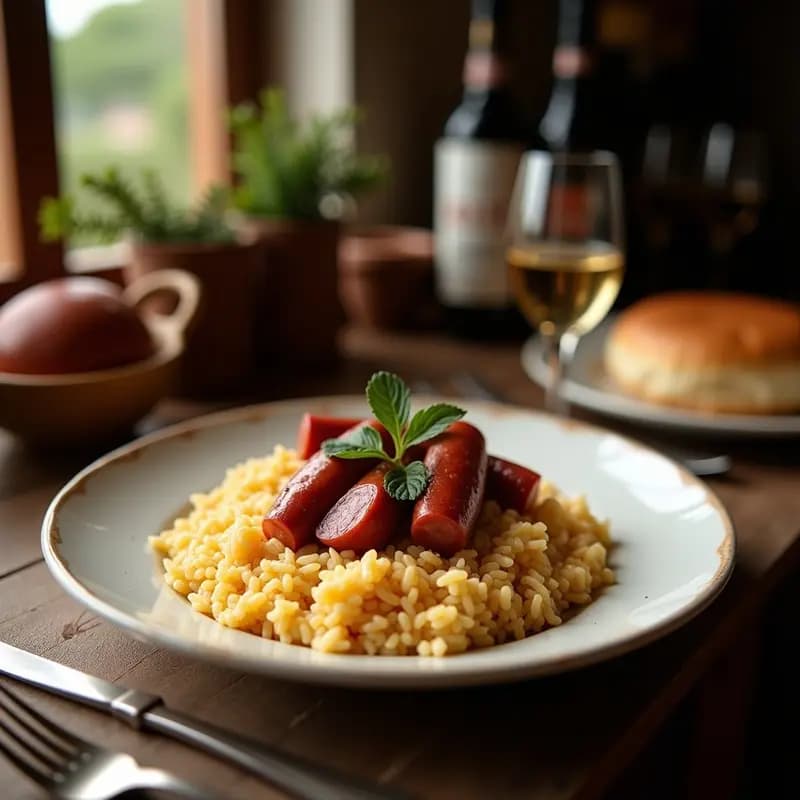Olla de barro humeante con arroz a la zamorana, costillas de cerdo doradas y rodajas de chorizo ibérico, decorado con hierbas frescas y un chorrito de aceite de oliva.