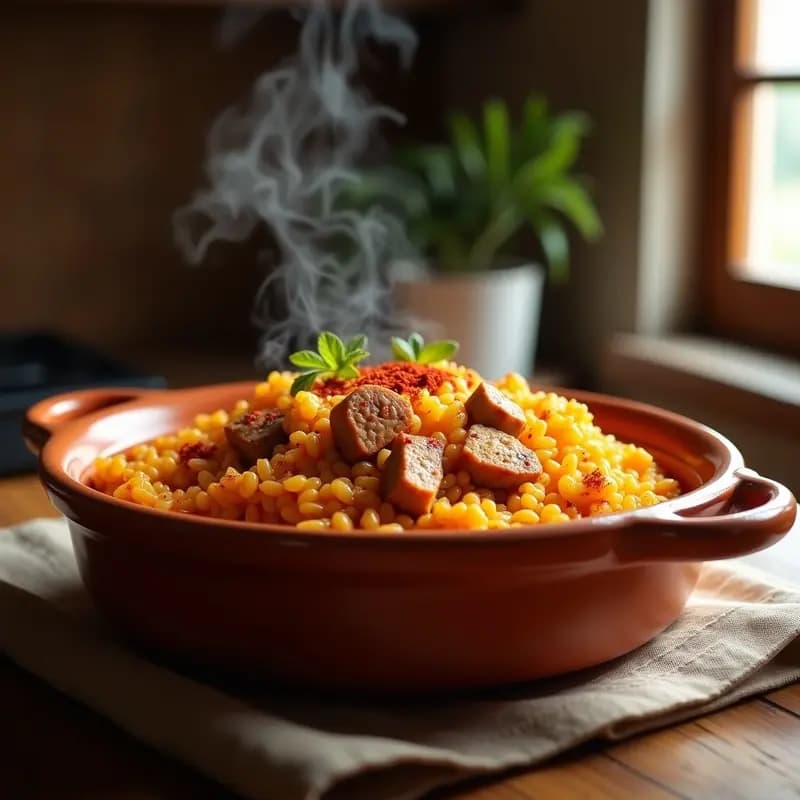 Cazuela de barro humeante con arroz a la zamorana, costillas de cerdo doradas y un toque de pimentón espolvoreado, típico plato de Castilla y León.