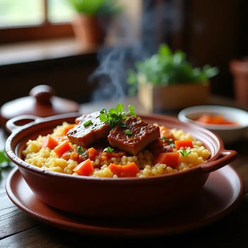 Cazuela de barro humeante con arroz a la zamorana y costillas de cerdo doradas, caldo espeso y perejil fresco. Plato tradicional español de cuchara preparado en olla exprés.