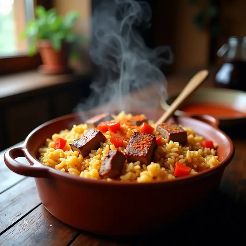 Cazuela de barro humeante con arroz a la zamorana, costillas de cerdo doradas y trozos de pimiento rojo, espolvoreado con pimentón dulce. Plato rústico de montaña con toque ahumado, servido en mesa de madera con cuchara de palo.