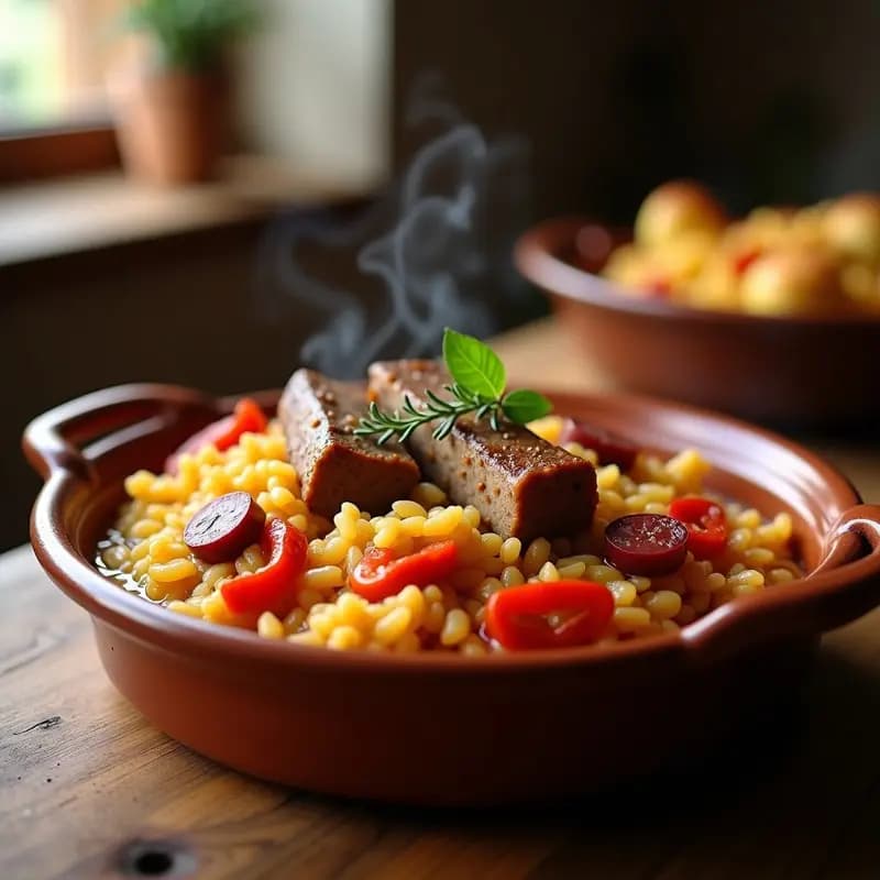 Cazuela de barro humeante con arroz a la zamorana, costillas de cerdo jugosas y rodajas de chorizo, decorado con una ramita de tomillo fresco sobre fondo rústico.