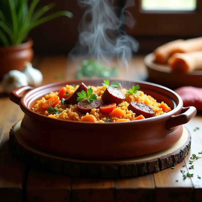 Olla de barro humeante con arroz a la zamorana, costillas de cerdo doradas, rodajas de chorizo y verduras estofadas, servido en un plato hondo rústico sobre una mesa de madera con un fondo cálido.