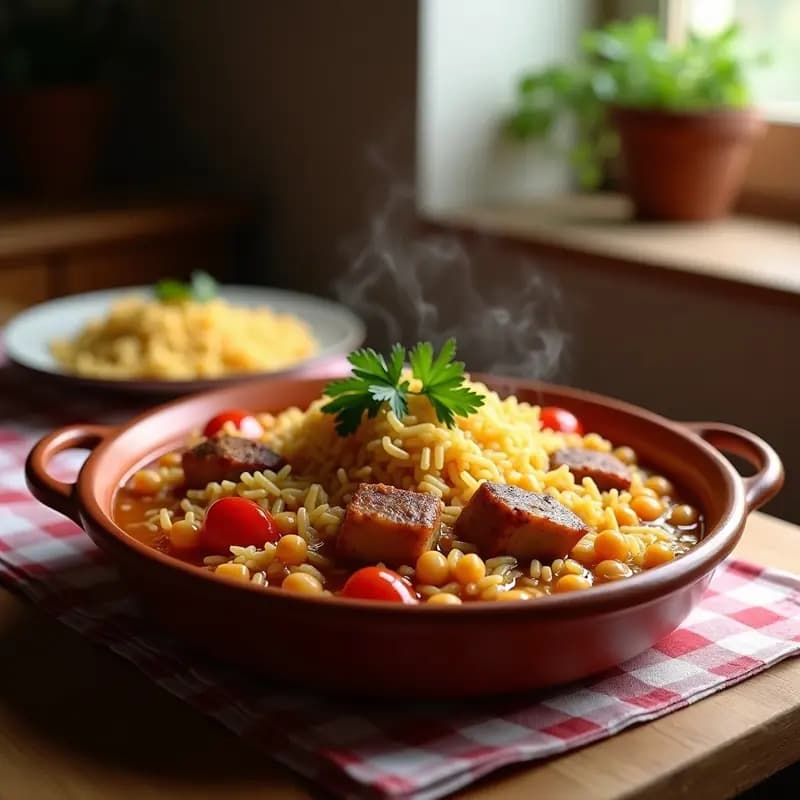 Cazuela de barro humeante con arroz a la zamorana, costillas de cerdo doradas, garbanzos y verduras, típico plato tradicional español de la tierra.