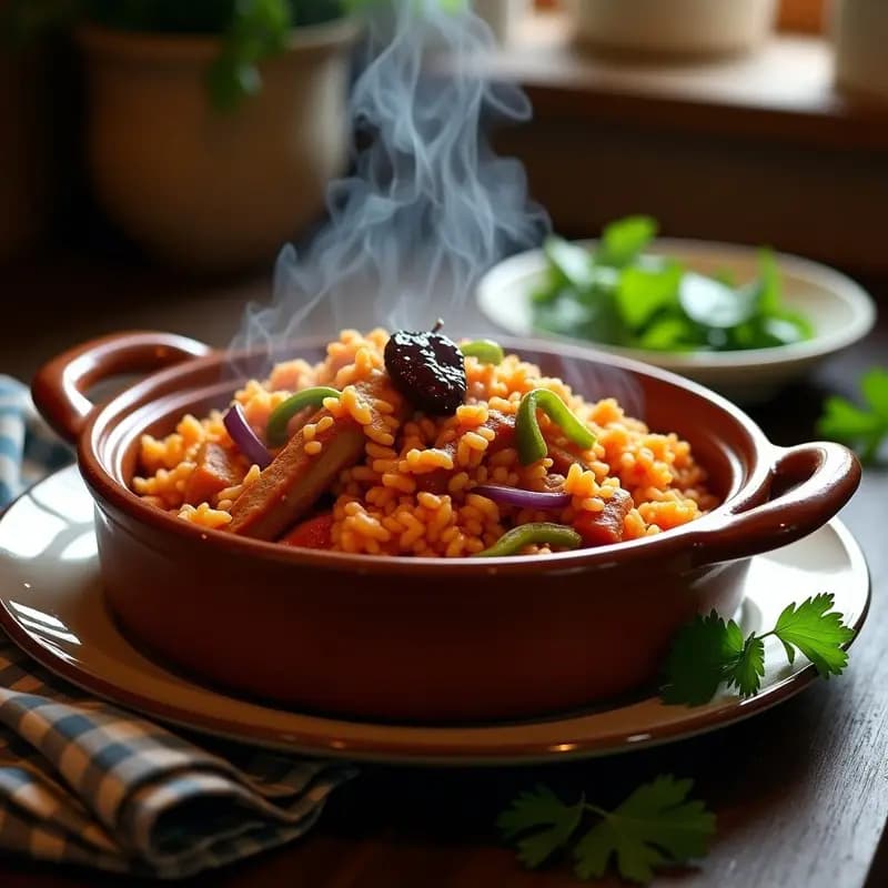 Cazuela de barro humeante con arroz a la zamorana, costillas desmenuzadas, pimentón picante y guindilla, servido con cebolla y pimiento en trozos. Receta tradicional de tierra adentro con toque picante.
