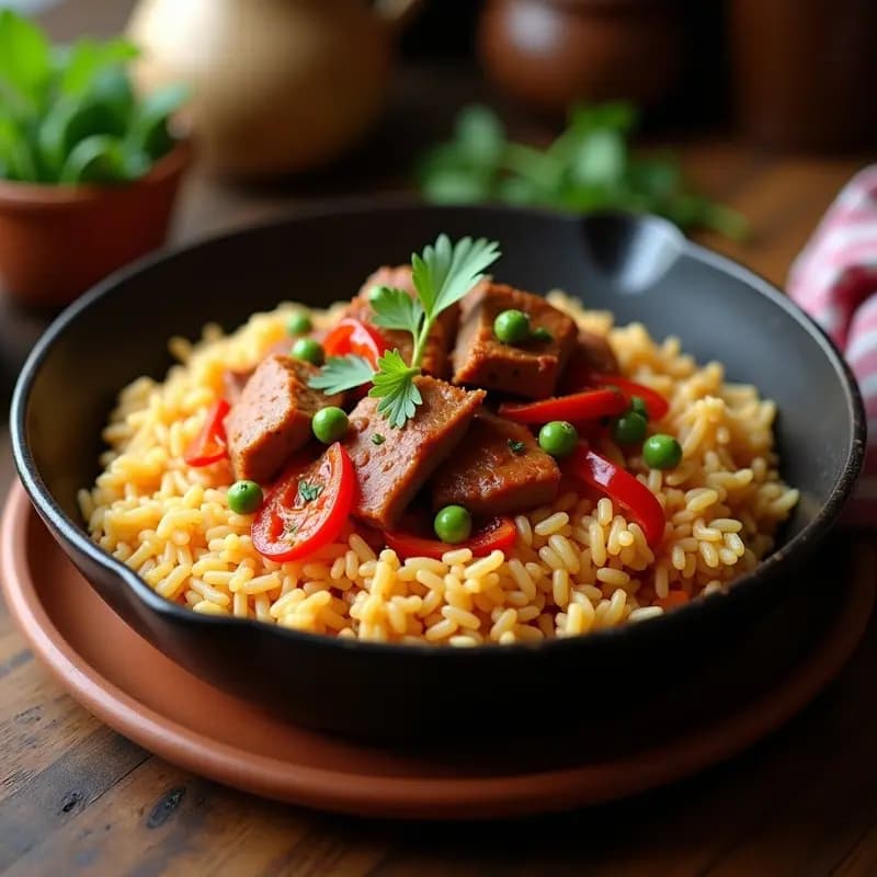 Plato hondo de barro con arroz a la zamorana, costillas de cerdo doradas, pimentón y guisantes, servido humeante en una sartén de fondo negro.