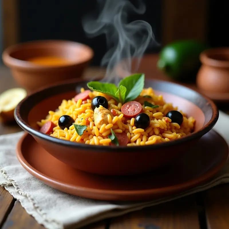 Plato hondo de barro con Arroz a la Zamorana, mostrando granos de arroz dorados mezclados con trozos de pollo, chorizo en rodajas y aceitunas negras, decorado con hojas de huacatay fresco.
