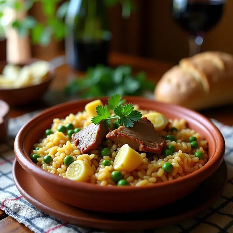 Cazuela de barro humeante con arroz a la zaragozana, costillas de cerdo doradas, alcachofas en cuartos y guisantes, servido en ambiente rústico de montaña.