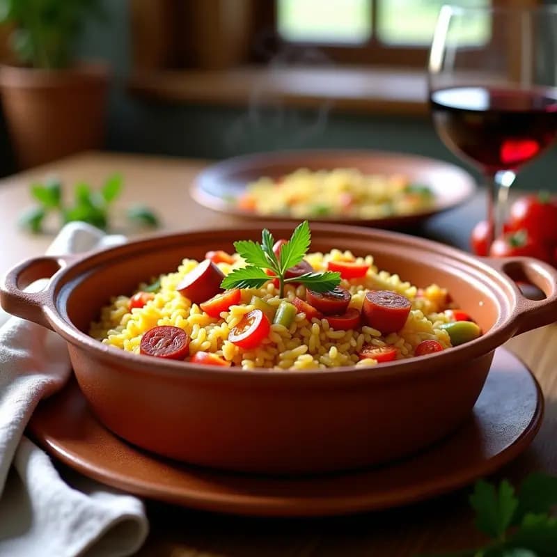 Cazuela de barro humeante con arroz a la zorza valenciano, chorizo dorado, pimientos rojos y verdes, y tomate, servido con un chorrito de aceite de oliva virgen extra.