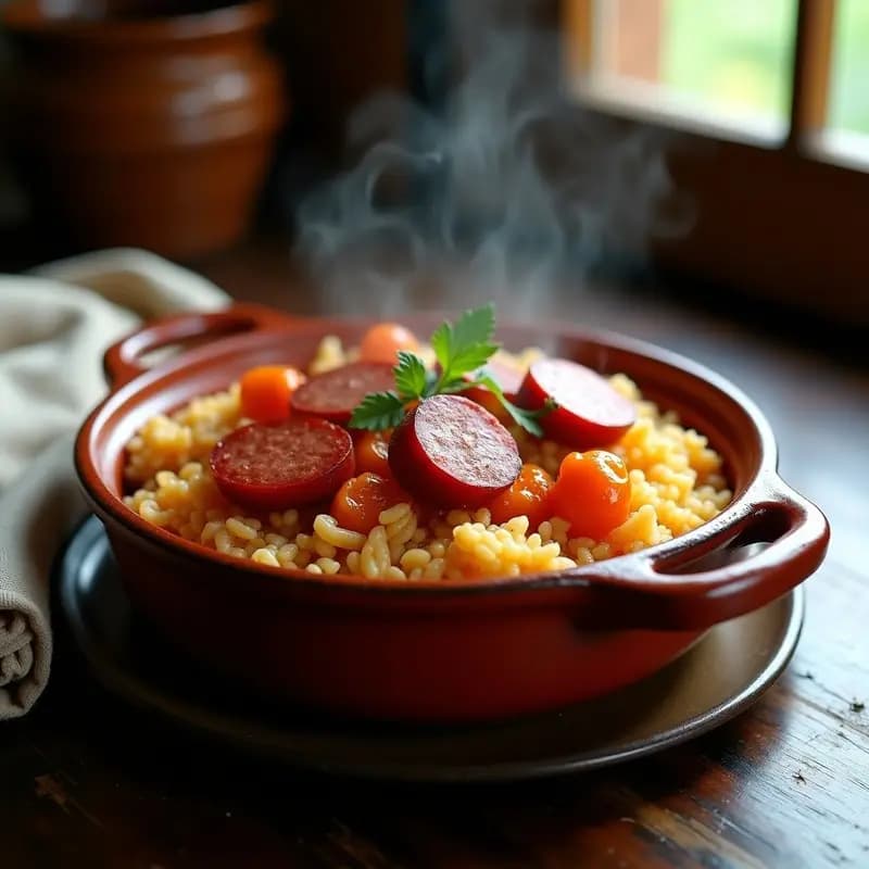 Cazuela de barro humeante con arroz a la zorza, chorizo en rodajas y trozos de pimiento choricero, sobre fondo rústico de madera. Receta aragonesa tradicional.