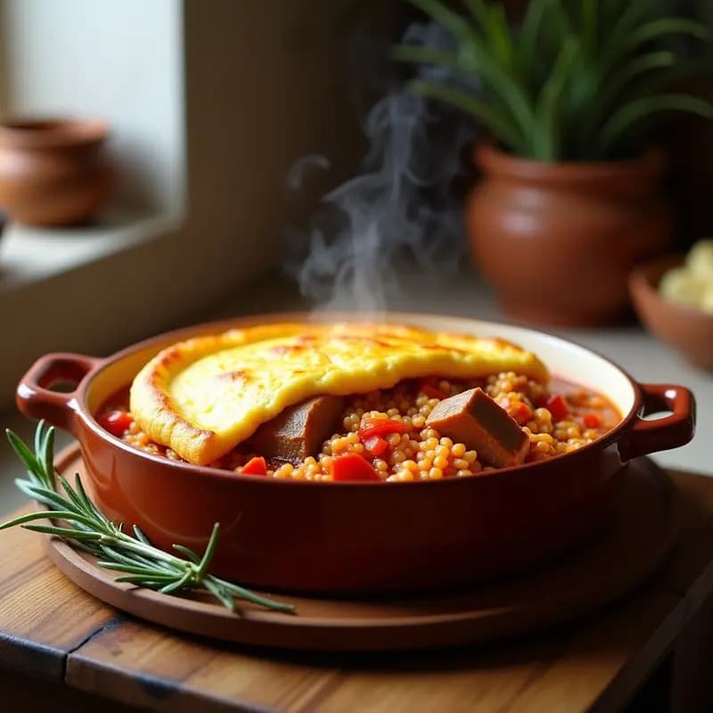 Cazuela de barro humeante con arroz a la zorza, costillas de cerdo doradas, pimentón y costra de huevo dorada y esponjosa. Plato tradicional catalán whole food en ambiente rústico.