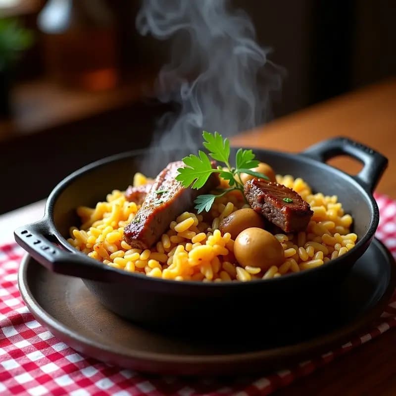 Sartén de hierro fundido con arroz a la Zuberoa humeante, costillas de cerdo doradas, alcachofas tiernas y un socarrat dorado en el fondo, típico plato navarro.