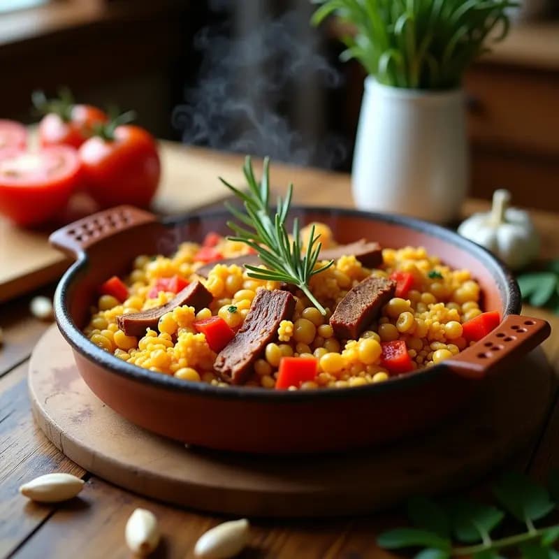 Cazuela de barro humeante con Arroz a la Zumba: arroz meloso con trozos de costillas de cerdo doradas, judías blancas y verduras, decorado con una rama de romero fresco.