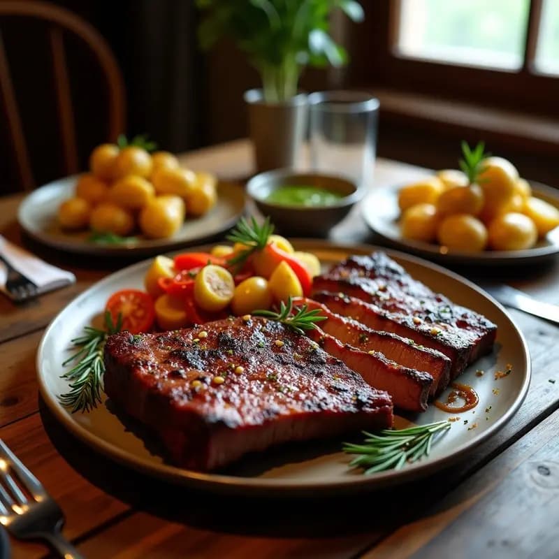 Costillar de ternera asado a la parrilla en rodajas gruesas, acompañado de papas panaderas doradas y crujientes, chimichurri verde fresco en un bol pequeño, y hierbas aromáticas esparcidas sobre una mesa de madera rústica. Receta de asado argentino con chimichurri y papas panaderas.