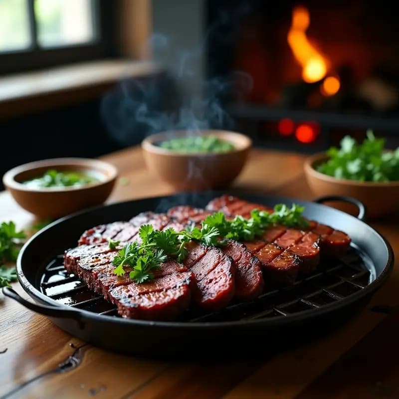 Tabla de madera rústica con cortes de asado argentino (vacío, entraña y matambre) perfectamente cocinados a la parrilla, acompañados de chimichurri fresco en un bol pequeño, cebolla morada y tomates asados. Brasas humeantes de fondo.