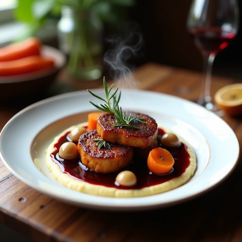 Plato blanco de porcelana con asado de seitán al vino tinto en medallones dorados, bañados en salsa oscura y brillante, acompañado de puré de coliflor cremoso de color marfil y cebollitas perlitas caramelizadas. Fondos borrosos de una cocina rústica con luz cálida, resaltando la textura del asado de seitán y el brillo de la salsa.
