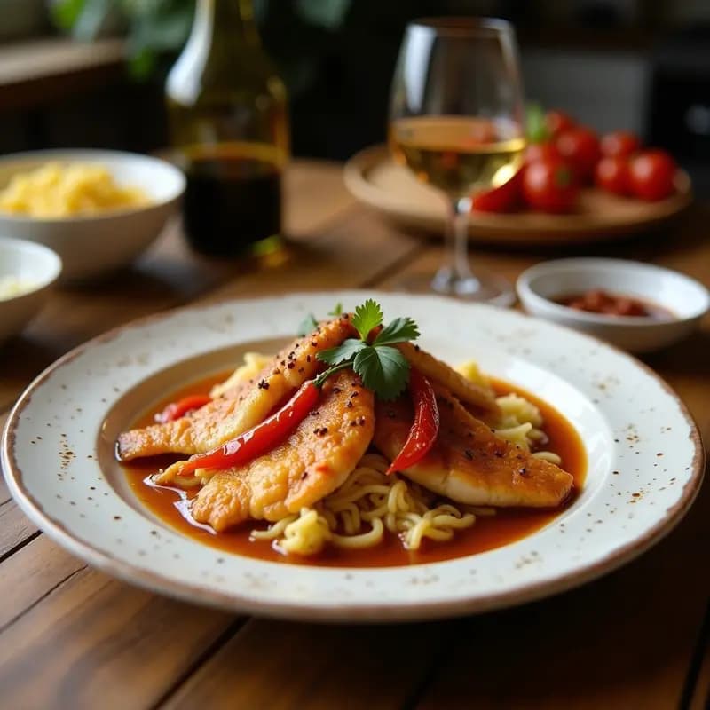 Cazuela de barro humeante con Assam Pedas de pescado: caldo amarillo ácido con filetes de merluza, trozos de tomate, hojas de kaffir y chiles rojos flotando, servido en un bol hondo con arroz jazmín blanco y cilantro fresco espolvoreado.