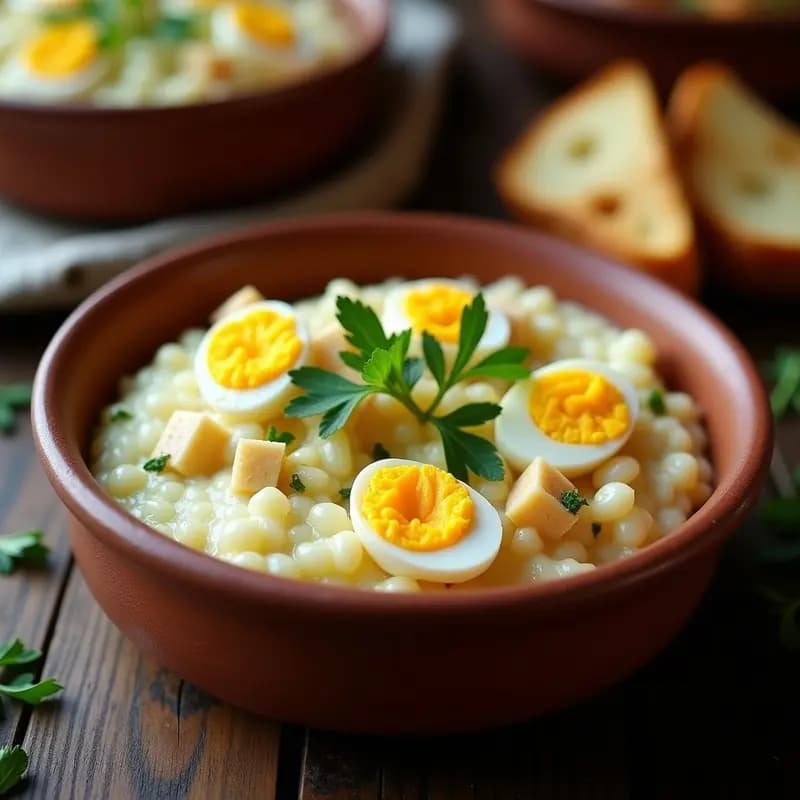 Plato hondo de barro con Atascaburras Manchegas: puré cremoso de patata y bacalao, coronado con huevo duro picado y perejil fresco, acompañado de trozos de pan tostado. Receta tradicional manchega con ajo y pimentón.