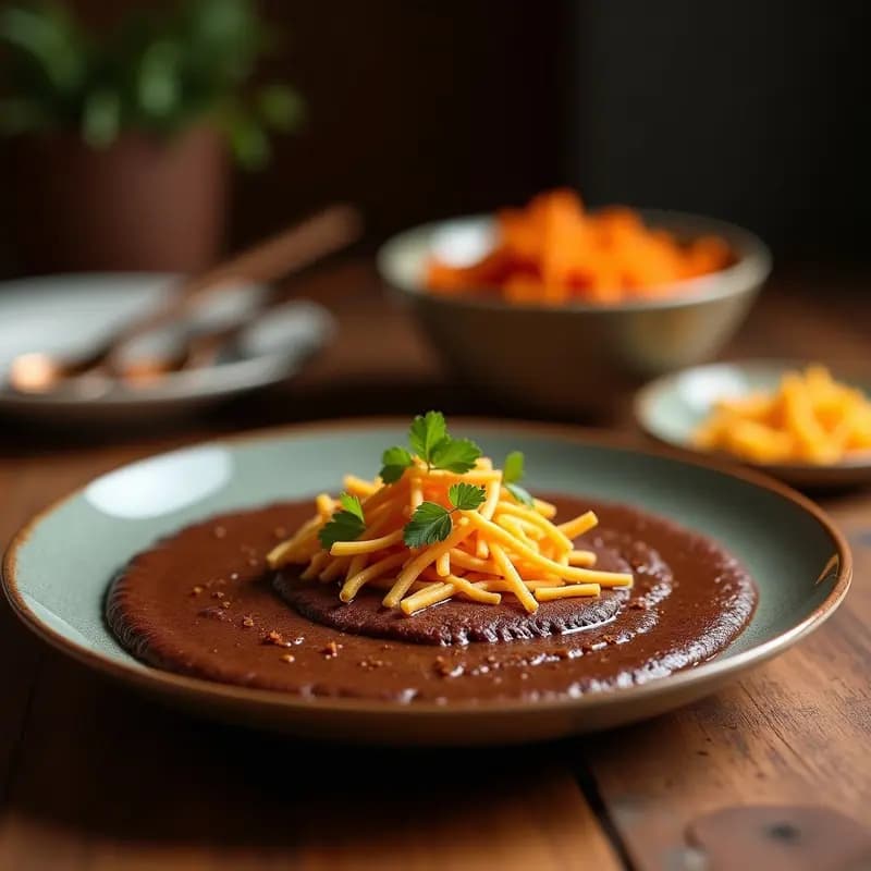 Tazón de barro rústico con atole de avena y cacao sin lácteos, espumoso y oscuro, decorado con una pizca de cacao en polvo y una ramita de canela, sobre una mesa de madera con ingredientes al fondo: granos de cacao, avena y anís estrellado.