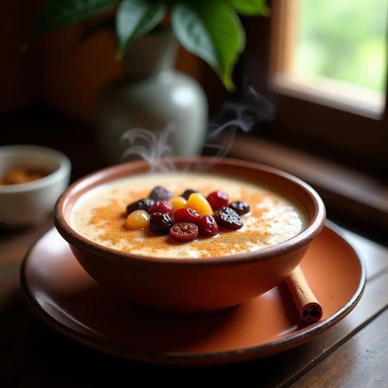 Tazón de barro humeante con atole de avena y canela, decorado con frutas deshidratadas (higos y arándanos) y un toque de canela en polvo, sobre fondo rústico de madera con cucharón de barro.