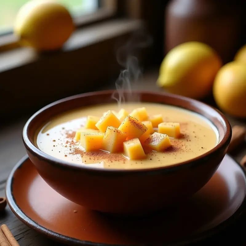 Tazón de barro humeante con atole de avena y canela, espeso y cremoso, decorado con trozos dorados de guayaba fresca y un espolvoreado de canela en polvo, sobre una mesa de madera rústica con una rama de canela al lado.