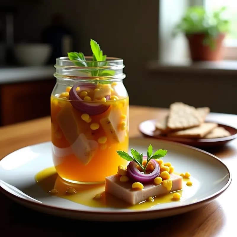 Frasco de vidrio transparente con atún encurtido al estilo escabeche peruano, trozos de atún dorado sumergidos en líquido ámbar con juliana de cebolla morada, tiras de pimiento rojo y ají amarillo, decorado con hojas de hierbabuena fresca sobre fondo rústico de madera.