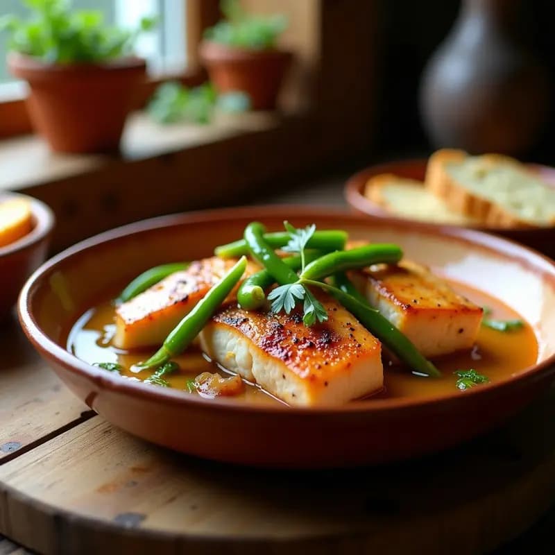 Plato de atún a la sidra con pimientos verdes y cebolla en salsa ligera, servido en cazuela de barro con perejil fresco.