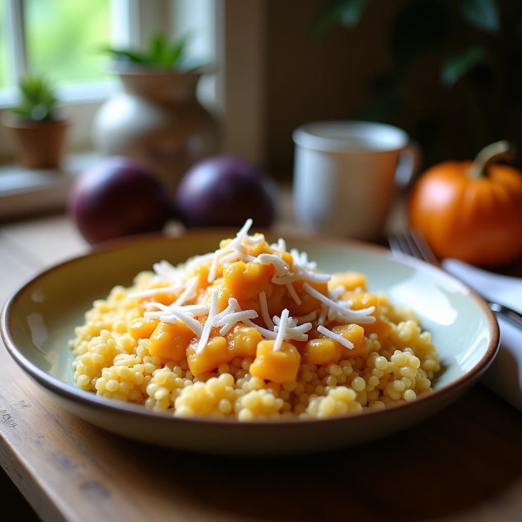 Bol de vidrio transparente con avenena de chía cremosa, capas visibles de puré de maracuyá amarillo intenso y coco rallado blanco espolvoreado encima. Fondo de madera rústica con cucharilla de madera y hojas de menta como decoración. Desayuno vegano sin azúcar overnight.