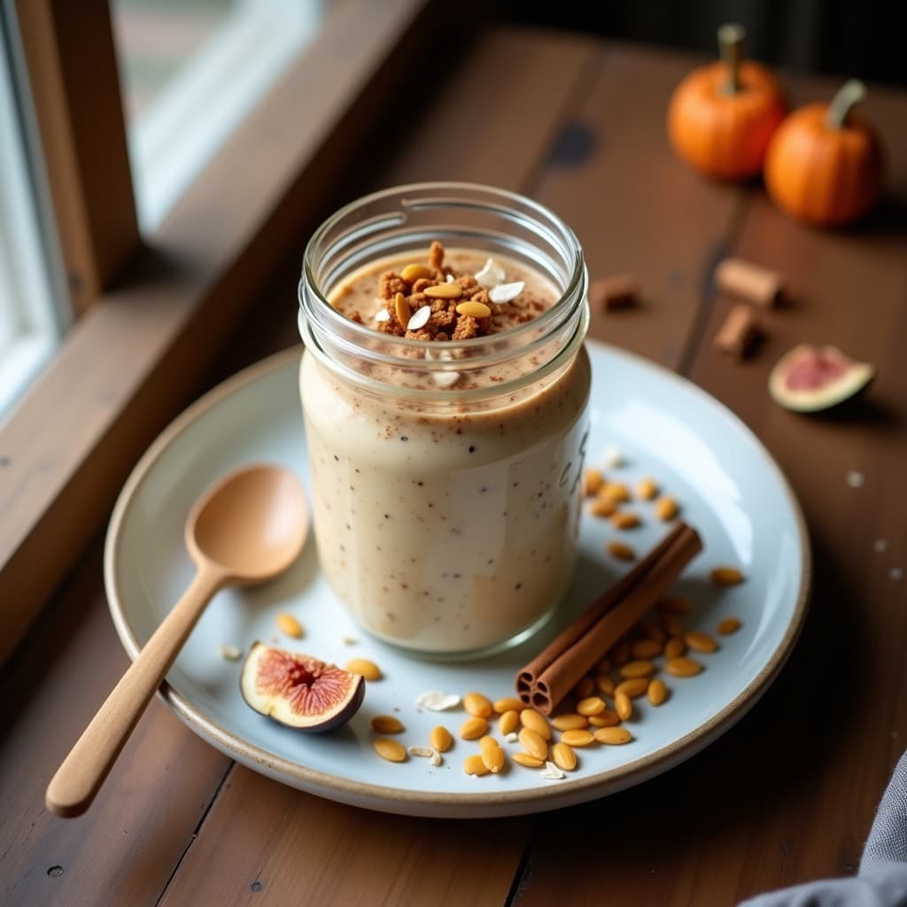 Tarro de vidrio transparente con avena nocturna cremosa, decorada con semillas de calabaza, coco rallado y higos picados, espolvoreada con canela, sobre fondo de madera clara.