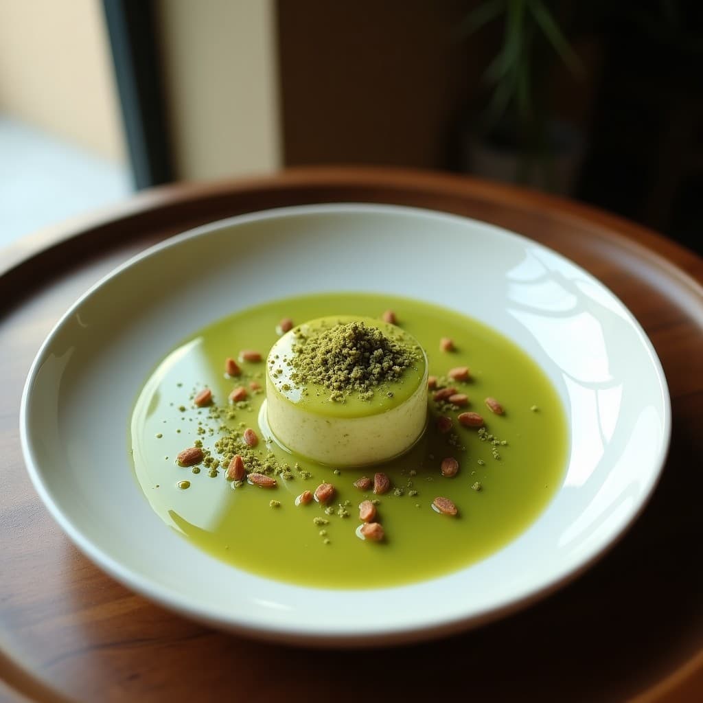 Tarro de vidrio transparente con avena nocturna cremosa de color verde pálido por el matcha, decorada con pistachos picados, semillas de cáñamo y flores de lavanda moradas sobre una base de madera rústica. Receta de avena nocturna de matcha y leche de pistacho vegana.