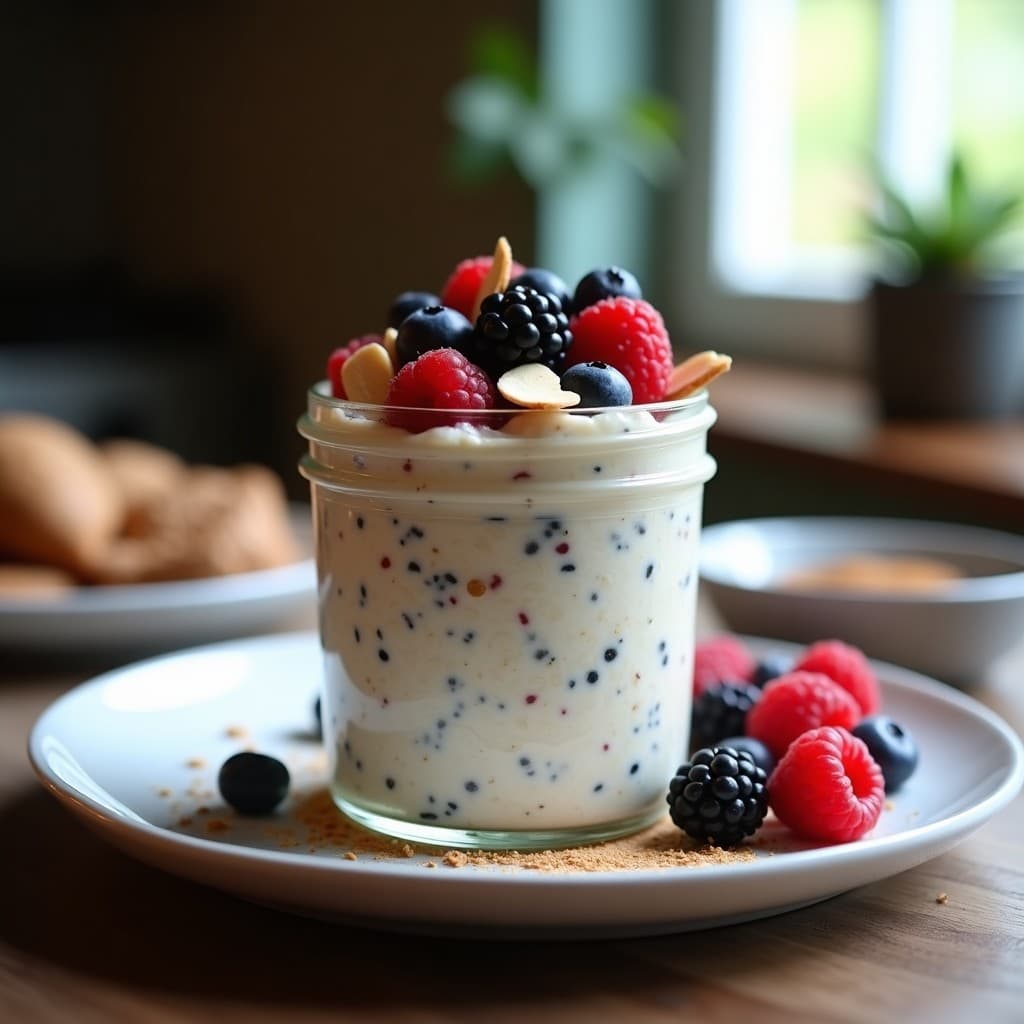 Tarro de cristal transparente con avena nocturna cremosa, capas de yogur de soja, frutos del bosque rojos y azules, semillas de chía y linaza espolvoreadas, y almendras fileteadas por encima. Plato vegano alto en proteína y omega-3.