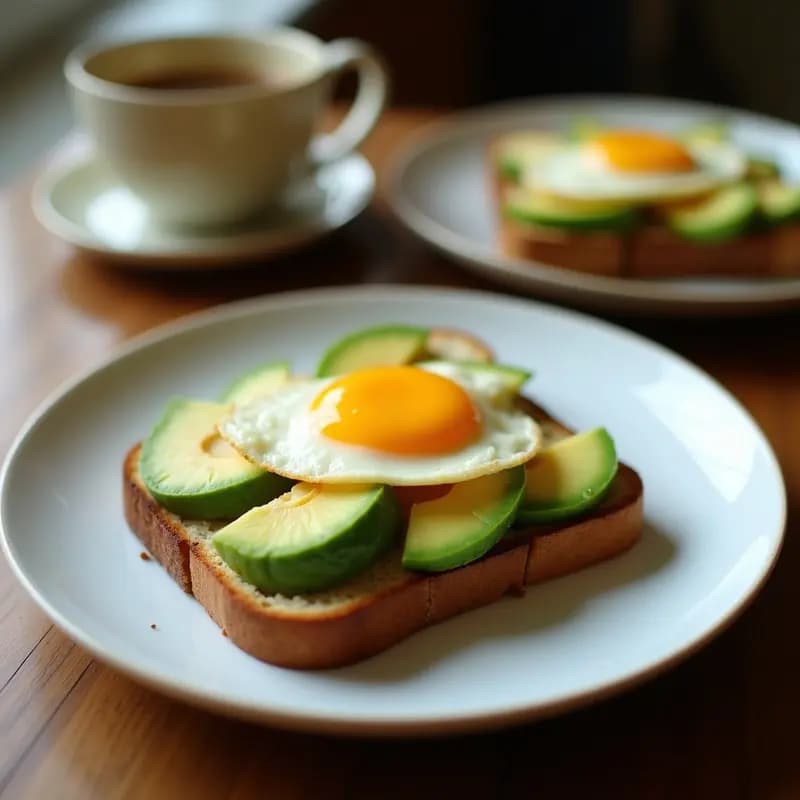 Avocado Toast australiano con rebanadas de pan de centeno tostado, puré de aguacate cremoso coronado por un huevo pochado con yema líquida, semillas de chía espolvoreadas y hojas de cilantro fresco, servido en plato blanco rústico.