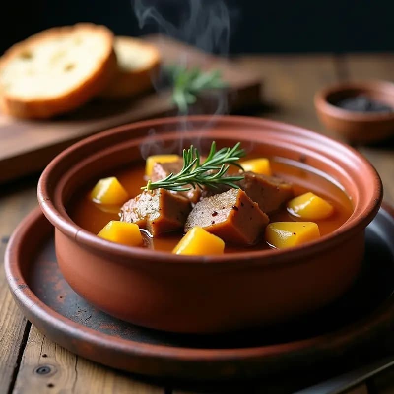 Olla de barro humeante con estofado esloveno B Bohinjska, trozos de cerdo dorado y raíces como chirivía y apio nabo bañados en salsa espesa de color ámbar, decorado con ramitas de tomillo fresco sobre fondo de madera rústica.