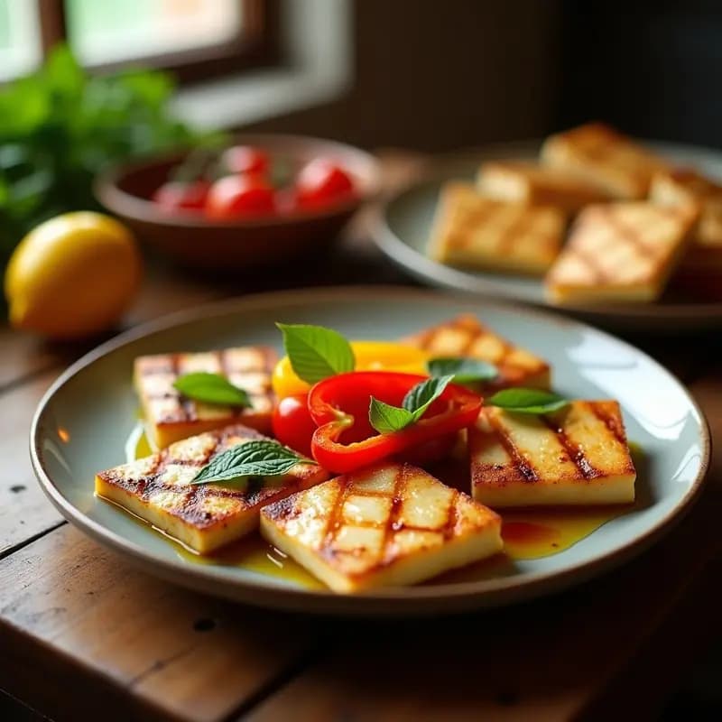 Plato de B Chaque con bloques dorados de queso Halloumi y tiras de pimientos rojos y amarillos asados, decorado con hojas de menta fresca y un hilo de aceite de oliva sobre fondo rústico de madera.