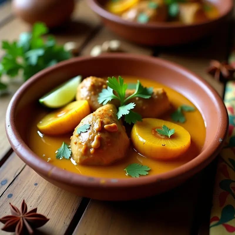 Plato hondo de barro con B-force de pollo y plátano macho en salsa espesa de cacahuetes, especias africanas y cilantro fresco, servido sobre un fondo rústico de madera.