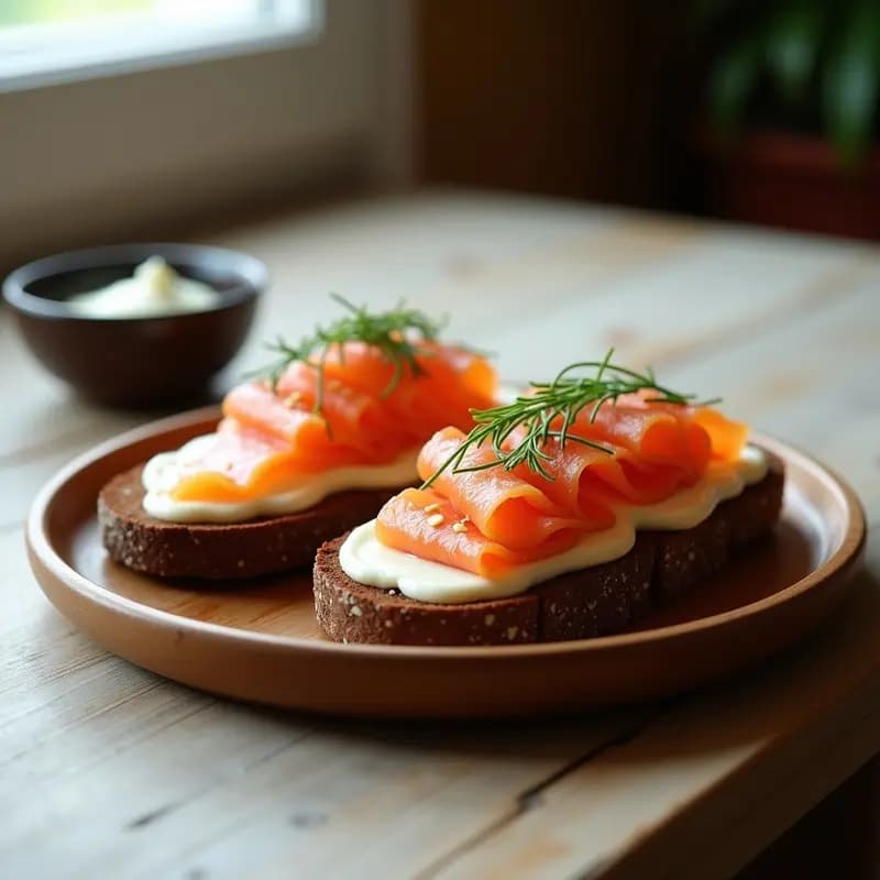 Plato rústico de madera con dos tostadas abiertas de pan de centeno, cubiertas con crema blanca de raifort, láminas de salmón ahumado rosado, eneldo fresco y brotes de rábano. Desayuno alemán alto en Omega-3 con toque picante.