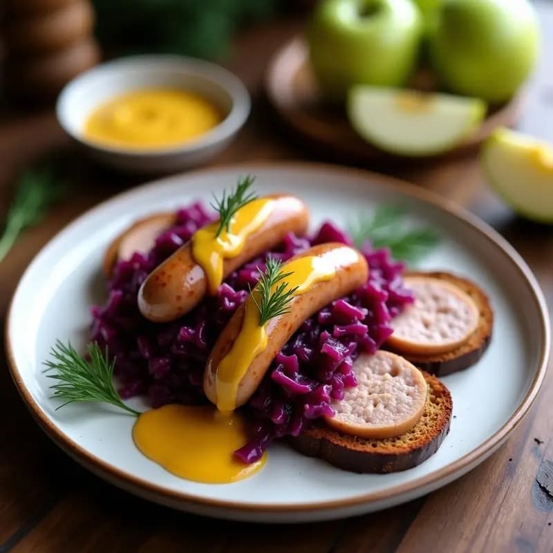 Plato gourmet austriaco con salchicha vienesa dorada cortada en trozos sobre pan de centeno tostado, acompañada de chucrut de repollo morado y manzana, bañado en salsa de mostaza de miel. Decorado con eneldo fresco y rodajas de manzana verde.