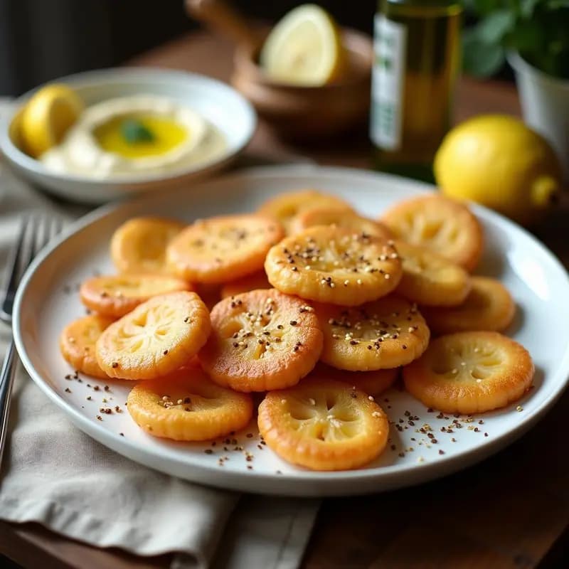 Plato blanco con B waits dorados y crujientes, aperitivo libanés sin gluten, espolvoreados con zaatar, sumac y semillas de sésamo, acompañados de rodajas de limón fresco sobre fondo rústico de madera.
