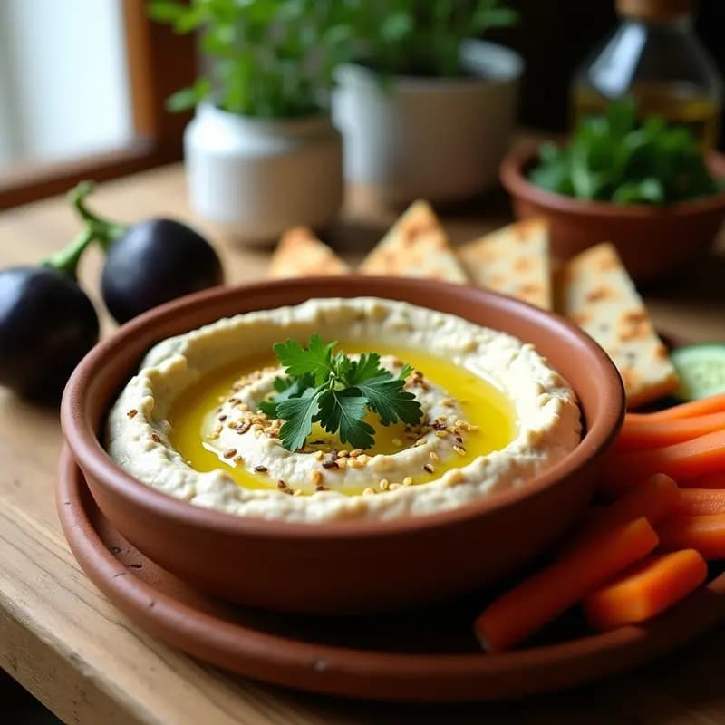 Baba ganoush de berenjena ahumada con tahini servido en un bol de barro rústico, decorado con perejil fresco, semillas de sésamo tostadas y un hilo de aceite de oliva virgen extra, acompañado de pan de pita y rodajas de zanahoria. Plato libanés vegano sin ajo.