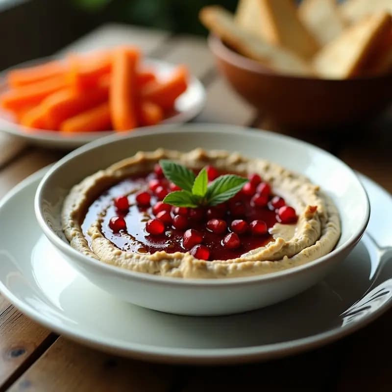 Bol de cerámica blanca con baba ganoush cremoso de berenjena asada y jarabe de granadina, decorado con semillas de sésamo tostado, hojas de menta fresca y un hilo de aceite de oliva virgen extra. Acompañado de pan de pita integral tostado y rodajas de pepino. Plato tradicional árabe sin lácteos.