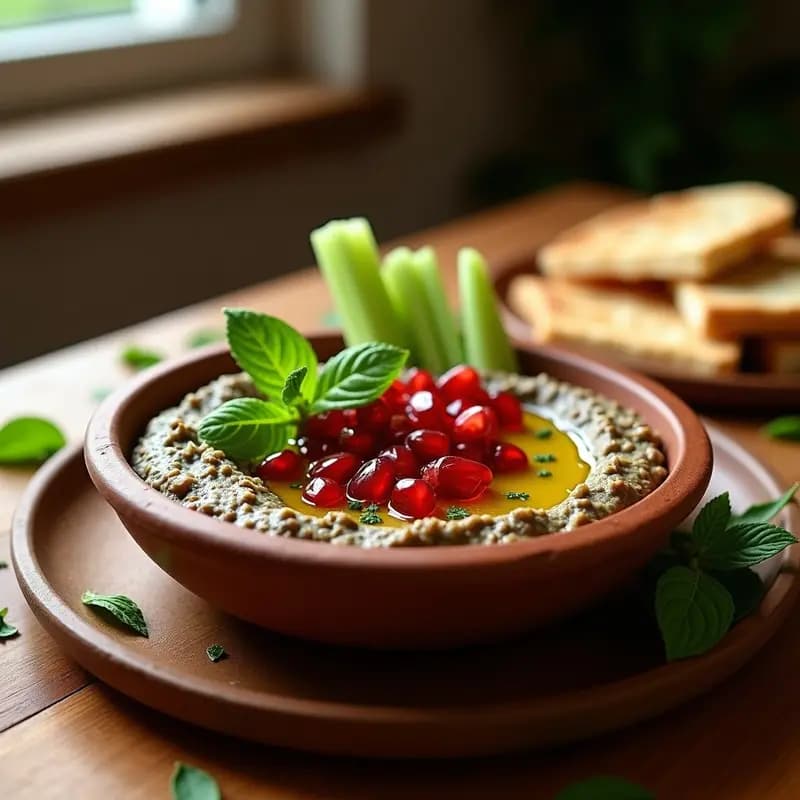 Bol de barro con Baba Ganoush cremoso, decorado con semillas de granada rojas, hojas de menta fresca y un hilo de aceite de oliva. Acompañado de ramas de apio y pan de pita tostado en un fondo rústico de madera.