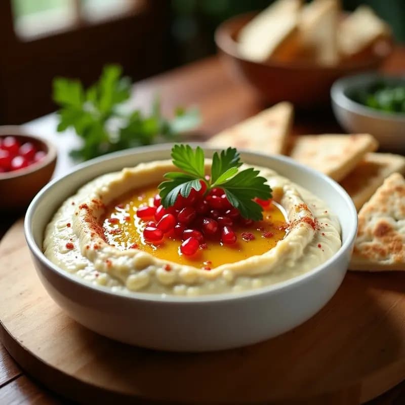 Bol de cerámica blanca con Baba Ganoush cremoso, decorado con granos de granada rojos, perejil fresco, pimentón y un hilo de aceite de oliva. Acompañado de pan de pita tostado en triángulos sobre una tabla de madera rústica. Entrante libanés vegano y sin gluten.