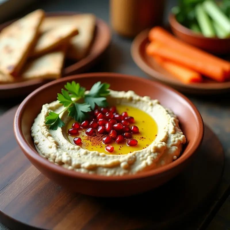 Bol de cerámica blanca con Baba Ganoush con Granados, dip libanés vegano de color beige con semillas rojas de granada y hojas de menta fresca. Acompañado de pan de pita tostado y bastones de zanahoria sobre una tabla de madera rústica.