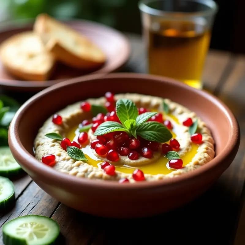 Bol de cerámica blanca con Baba Ganoush cremoso, decorado con granos de granada rojos brillantes y hojas de menta fresca. Acompañado de pan de pita tostado y bastones de zanahoria sobre una tabla de madera rústica. Receta de Baba Ganoush con granos de granada y menta, entrante árabe fresco y vegano.